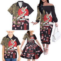 Japanese Culture and Hawaiian Tribal Family Matching Off The Shoulder Long Sleeve Dress and Hawaiian Shirt Sakura Blossom Tapa Pattern LT03 - Polynesian Pride