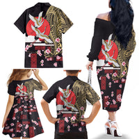 Japanese Culture and Hawaiian Tribal Family Matching Off The Shoulder Long Sleeve Dress and Hawaiian Shirt Sakura Blossom Tapa Pattern LT03 - Polynesian Pride