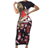 Japanese Culture and Hawaiian Tribal Family Matching Short Sleeve Bodycon Dress and Hawaiian Shirt Sakura Blossom Tapa Pattern LT03 Mom's Dress Black - Polynesian Pride
