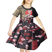Japanese Culture and Hawaiian Tribal Kid Short Sleeve Dress Sakura Blossom Tapa Pattern LT03 - Polynesian Pride