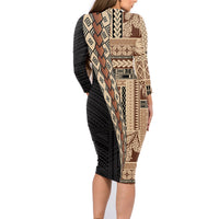 Samoa Siapo Motif Half Style Family Matching Long Sleeve Bodycon Dress and Hawaiian Shirt Brown Version LT03 - Polynesian Pride