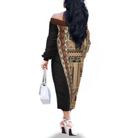 Samoa Siapo Motif Half Style Family Matching Off The Shoulder Long Sleeve Dress and Hawaiian Shirt Brown Version LT03 - Polynesian Pride