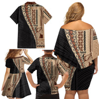 Samoa Siapo Motif Half Style Family Matching Off Shoulder Short Dress and Hawaiian Shirt Brown Version LT03 - Polynesian Pride