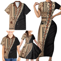 Samoa Siapo Motif Half Style Family Matching Short Sleeve Bodycon Dress and Hawaiian Shirt Brown Version LT03 - Polynesian Pride