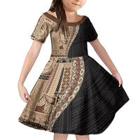 Samoa Siapo Motif Half Style Family Matching Tank Maxi Dress and Hawaiian Shirt Brown Version LT03 Daughter's Dress Brown - Polynesian Pride