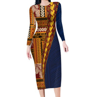 Samoa Siapo Motif Half Style Family Matching Long Sleeve Bodycon Dress and Hawaiian Shirt Colorful Version LT03 Mom's Dress Yellow - Polynesian Pride