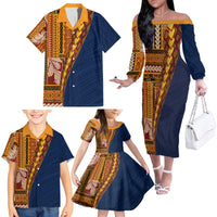 Samoa Siapo Motif Half Style Family Matching Off The Shoulder Long Sleeve Dress and Hawaiian Shirt Colorful Version LT03 - Polynesian Pride