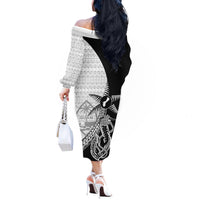 Guam Fish Hook and Palm Tree Off The Shoulder Long Sleeve Dress Polynesian Pattern Half Style
