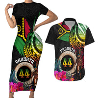Personalised Vanuatu 44th Anniversary Couples Matching Short Sleeve Bodycon Dress and Hawaiian Shirt Boars Tusk and Melanesian Warrior Indipendens Dei LT03 Black - Polynesian Pride