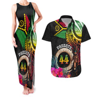 Personalised Vanuatu 44th Anniversary Couples Matching Tank Maxi Dress and Hawaiian Shirt Boars Tusk and Melanesian Warrior Indipendens Dei LT03 Black - Polynesian Pride