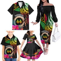 Personalised Vanuatu 44th Anniversary Family Matching Off The Shoulder Long Sleeve Dress and Hawaiian Shirt Boars Tusk and Melanesian Warrior Indipendens Dei LT03 - Polynesian Pride