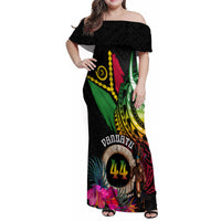 Personalised Vanuatu 44th Anniversary Family Matching Off Shoulder Maxi Dress and Hawaiian Shirt Boars Tusk and Melanesian Warrior Indipendens Dei LT03 Mom's Dress Black - Polynesian Pride