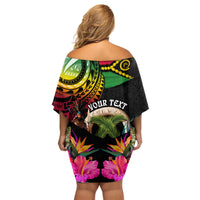 Personalised Vanuatu 44th Anniversary Family Matching Off Shoulder Short Dress and Hawaiian Shirt Boars Tusk and Melanesian Warrior Indipendens Dei LT03 - Polynesian Pride
