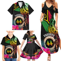 Personalised Vanuatu 44th Anniversary Family Matching Summer Maxi Dress and Hawaiian Shirt Boars Tusk and Melanesian Warrior Indipendens Dei LT03 - Polynesian Pride