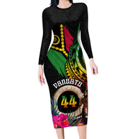 Personalised Vanuatu 44th Anniversary Long Sleeve Bodycon Dress Boars Tusk and Melanesian Warrior Indipendens Dei LT03 Long Dress Black - Polynesian Pride