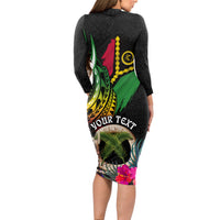 Personalised Vanuatu 44th Anniversary Long Sleeve Bodycon Dress Boars Tusk and Melanesian Warrior Indipendens Dei LT03 - Polynesian Pride