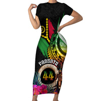 Personalised Vanuatu 44th Anniversary Short Sleeve Bodycon Dress Boars Tusk and Melanesian Warrior Indipendens Dei LT03 Long Dress Black - Polynesian Pride