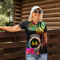 Personalised Vanuatu 44th Anniversary Women Polo Shirt Boars Tusk and Melanesian Warrior Indipendens Dei