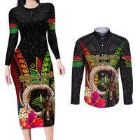 Vanuatu Independence Day Couples Matching Long Sleeve Bodycon Dress and Long Sleeve Button Shirt Boars Tusk and Melanesian Warrior Indipendens Dei LT03 Black - Polynesian Pride