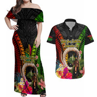 Vanuatu Independence Day Couples Matching Off Shoulder Maxi Dress and Hawaiian Shirt Boars Tusk and Melanesian Warrior Indipendens Dei LT03 Black - Polynesian Pride