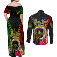 Vanuatu Independence Day Couples Matching Off Shoulder Maxi Dress and Long Sleeve Button Shirt Boars Tusk and Melanesian Warrior Indipendens Dei LT03 - Polynesian Pride