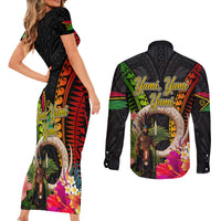Vanuatu Independence Day Couples Matching Short Sleeve Bodycon Dress and Long Sleeve Button Shirt Boars Tusk and Melanesian Warrior Indipendens Dei LT03 - Polynesian Pride