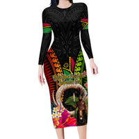 Vanuatu Independence Day Family Matching Long Sleeve Bodycon Dress and Hawaiian Shirt Boars Tusk and Melanesian Warrior Indipendens Dei LT03 Mom's Dress Black - Polynesian Pride