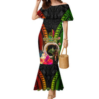 Vanuatu Independence Day Family Matching Mermaid Dress and Hawaiian Shirt Boars Tusk and Melanesian Warrior Indipendens Dei LT03 Mom's Dress Black - Polynesian Pride