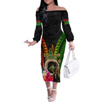 Vanuatu Independence Day Family Matching Off The Shoulder Long Sleeve Dress and Hawaiian Shirt Boars Tusk and Melanesian Warrior Indipendens Dei LT03 Mom's Dress Black - Polynesian Pride
