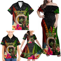 Vanuatu Independence Day Family Matching Off Shoulder Maxi Dress and Hawaiian Shirt Boars Tusk and Melanesian Warrior Indipendens Dei LT03 - Polynesian Pride