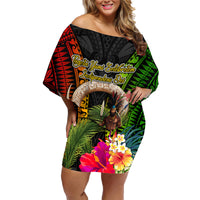 Vanuatu Independence Day Family Matching Off Shoulder Short Dress and Hawaiian Shirt Boars Tusk and Melanesian Warrior Indipendens Dei LT03 Mom's Dress Black - Polynesian Pride