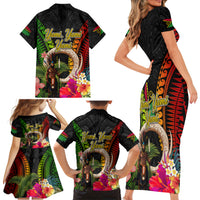 Vanuatu Independence Day Family Matching Short Sleeve Bodycon Dress and Hawaiian Shirt Boars Tusk and Melanesian Warrior Indipendens Dei LT03 - Polynesian Pride