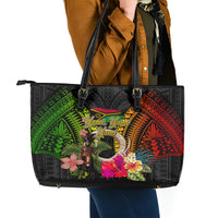 Vanuatu Independence Day Leather Tote Bag Boars Tusk and Melanesian Warrior Indipendens Dei