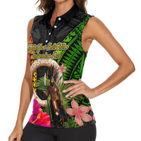 Vanuatu Independence Day Women Sleeveless Polo Shirt Boars Tusk and Melanesian Warrior Indipendens Dei LT03 - Polynesian Pride