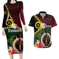Vanuatu Indipendens Dei Couples Matching Long Sleeve Bodycon Dress and Hawaiian Shirt Boars Tusk and Melanesian Warrior Hibiscus LT03 Black - Polynesian Pride