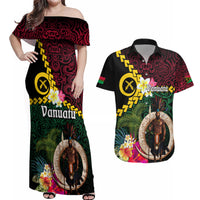 Vanuatu Indipendens Dei Couples Matching Off Shoulder Maxi Dress and Hawaiian Shirt Boars Tusk and Melanesian Warrior Hibiscus LT03 Black - Polynesian Pride