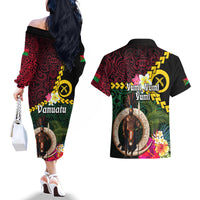 Vanuatu Indipendens Dei Couples Matching Off The Shoulder Long Sleeve Dress and Hawaiian Shirt Boars Tusk and Melanesian Warrior Hibiscus LT03 - Polynesian Pride