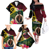 Vanuatu Indipendens Dei Family Matching Off The Shoulder Long Sleeve Dress and Hawaiian Shirt Boars Tusk and Melanesian Warrior Hibiscus LT03 - Polynesian Pride