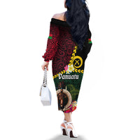 Vanuatu Indipendens Dei Family Matching Off The Shoulder Long Sleeve Dress and Hawaiian Shirt Boars Tusk and Melanesian Warrior Hibiscus LT03 - Polynesian Pride