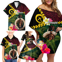 Vanuatu Indipendens Dei Family Matching Off Shoulder Short Dress and Hawaiian Shirt Boars Tusk and Melanesian Warrior Hibiscus LT03 - Polynesian Pride