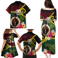 Vanuatu Indipendens Dei Family Matching Puletasi and Hawaiian Shirt Boars Tusk and Melanesian Warrior Hibiscus LT03 - Polynesian Pride