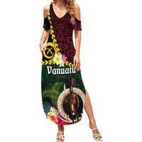 Vanuatu Indipendens Dei Family Matching Summer Maxi Dress and Hawaiian Shirt Boars Tusk and Melanesian Warrior Hibiscus LT03 Mom's Dress Black - Polynesian Pride