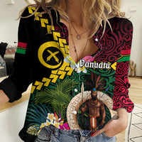 Vanuatu Indipendens Dei Women Casual Shirt Boars Tusk and Melanesian Warrior Hibiscus LT03 Female Black - Polynesian Pride