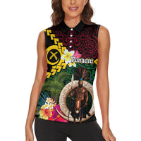 Vanuatu Indipendens Dei Women Sleeveless Polo Shirt Boars Tusk and Melanesian Warrior Hibiscus LT03 - Polynesian Pride