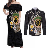 Vanuatu Independence Day Couples Matching Off Shoulder Maxi Dress and Long Sleeve Button Shirt Melanesian Tribal Pig Tusk with Tropical Plants LT03 Black - Polynesian Pride