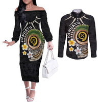 Vanuatu Independence Day Couples Matching Off The Shoulder Long Sleeve Dress and Long Sleeve Button Shirt Melanesian Tribal Pig Tusk with Tropical Plants LT03 Black - Polynesian Pride