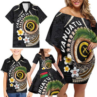 Vanuatu Independence Day Family Matching Off Shoulder Short Dress and Hawaiian Shirt Melanesian Tribal Pig Tusk with Tropical Plants LT03 - Polynesian Pride