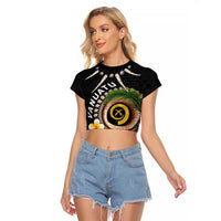 Vanuatu Independence Day Raglan Cropped T Shirt Melanesian Tribal Pig Tusk with Tropical Plants LT03 Female Black - Polynesian Pride