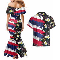 Hawaiian Flag Day Couples Matching Mermaid Dress and Hawaiian Shirt Tropical Flowers and Leaves