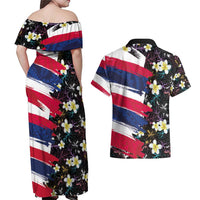 Hawaiian Flag Day Couples Matching Off Shoulder Maxi Dress and Hawaiian Shirt Tropical Flowers and Leaves